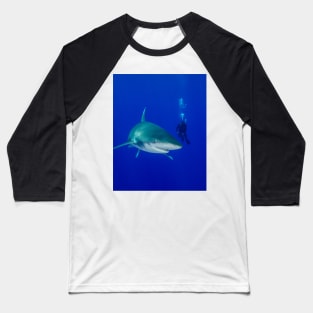 Scuba Diver and Oceanic White Tip Shark Baseball T-Shirt